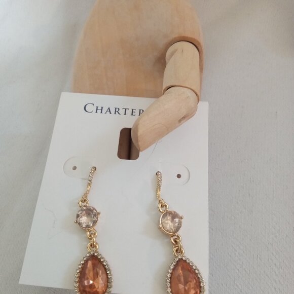 Champaign Pink and clear stone gold tone drop earrings - Picture 4 of 8